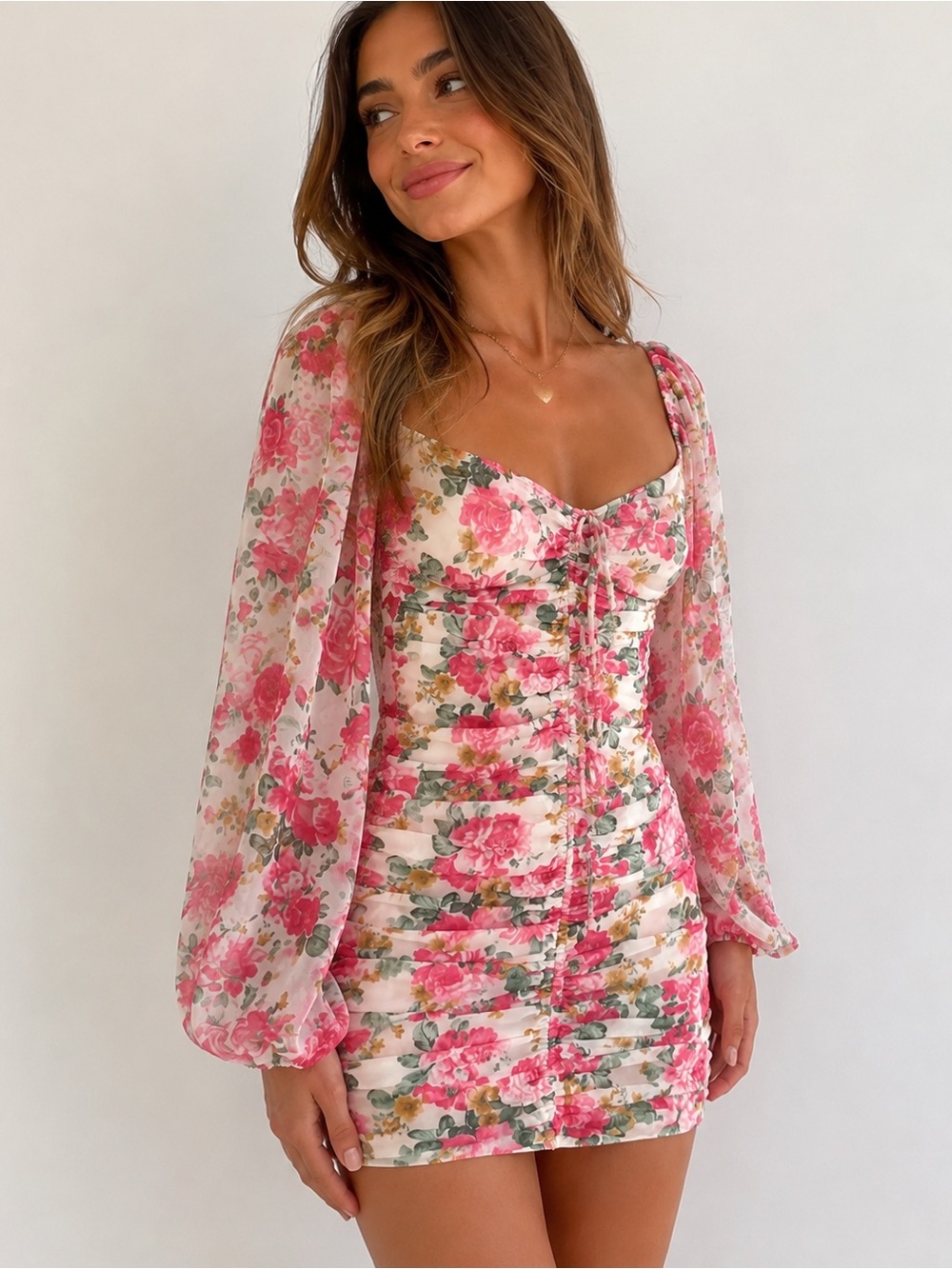 Hello Molly NEW Ruched Bodycon RUSH Dress Size XS Wild Freesia Pink Puff Sleeve